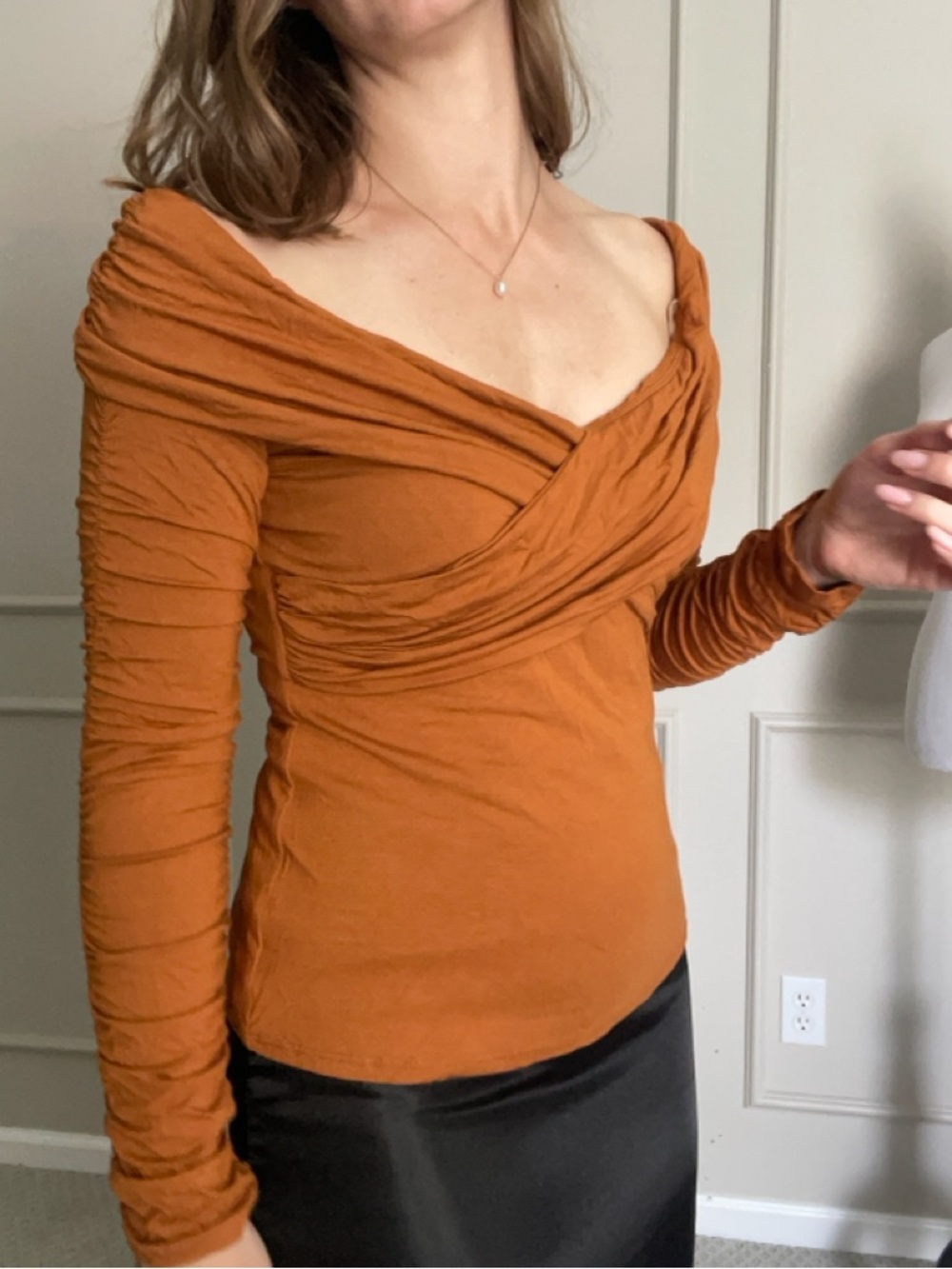 Bailey 44 Off-Shoulder Ruched Long Sleeve Top in Burnt Orange